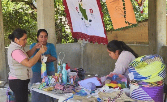 Trabajo comunitario de tejido de palma en la Sierra Sur de Oaxaca - Stutzé Mujeres de la Sierra Sur de Oaxaca colaborando en la elaboración de piezas artesanales de palma.