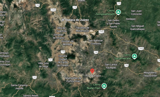 Mapa de ubicación de Río Mijangos, Oaxaca Mapa satelital de la región de Río Mijangos en la Sierra Sur de Oaxaca